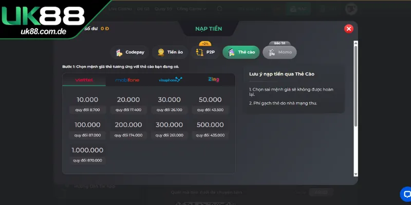 Chi tiết các bước nạp tiền UK88 bằng thẻ cào đơn giản